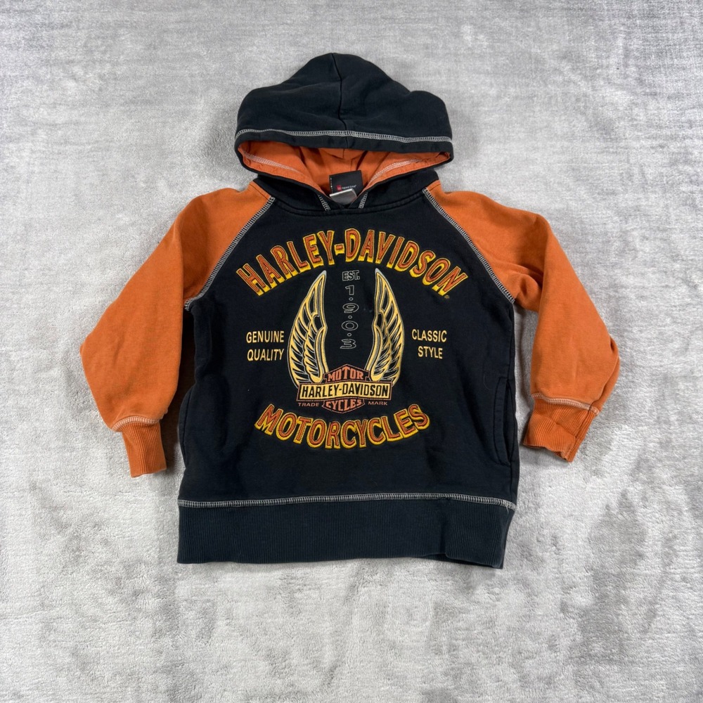 Harley Davidson Hoodie Youth 5 Black Orange Raglan Biker Pullover Sweatshirt